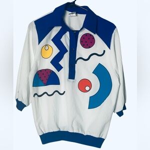 VINTAGE 80s 90s Teddi Sport Abstract Geometric Windbreaker Top Pullover Medium